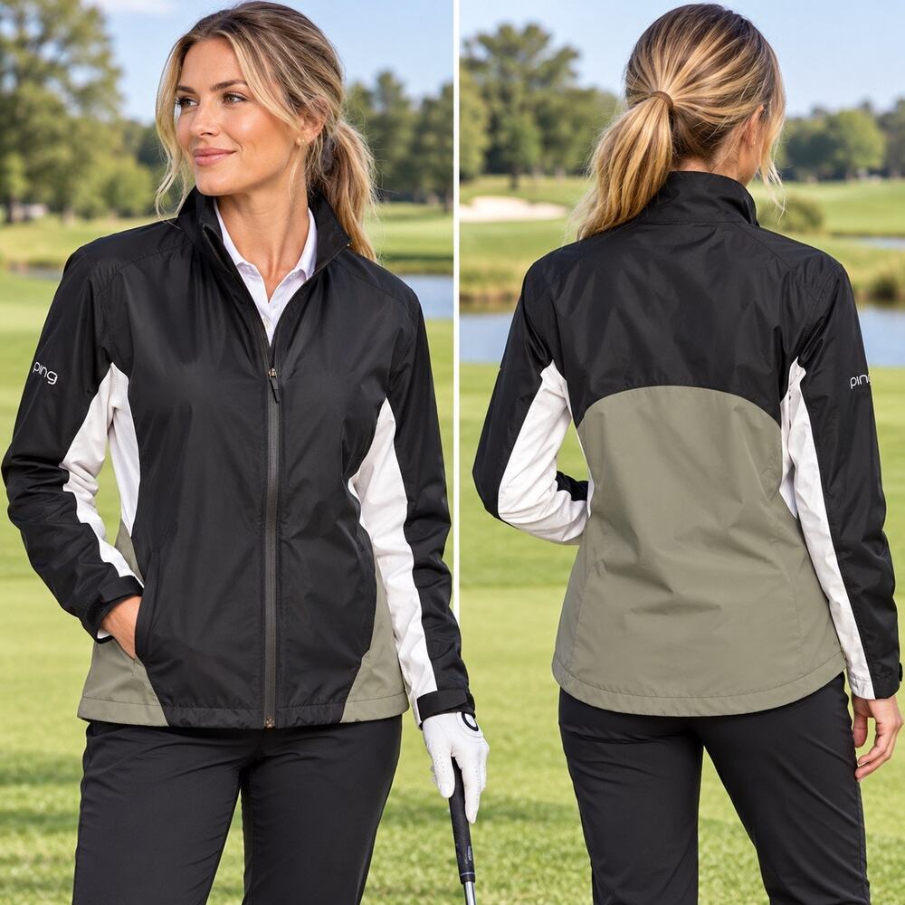Ping SensorDry Waterproof Golf Rain Jacket Sz12 Black White Olive Colorblock